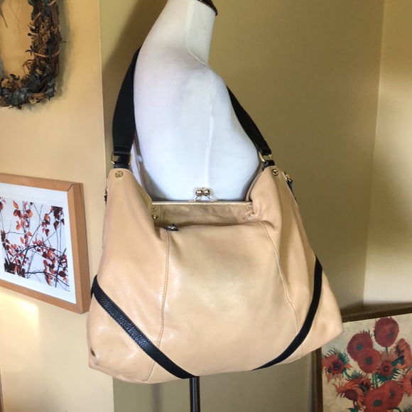 EMMA FOX Large Leather Hobo Shoulder Bag KissLock British Tan Black Elegant Luxe - Picture 3 of 16